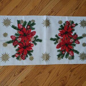 Vtg NEW Fallani & Cohn Christmas Linen Tea Towel Poinsettias & Gold Stars 16x30